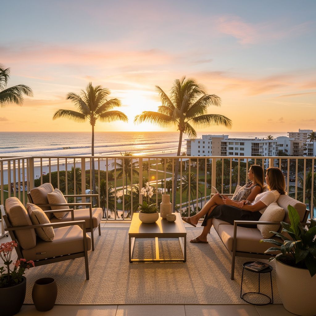 Balcony of a Hollywood condo overlooking the ocean at sunset