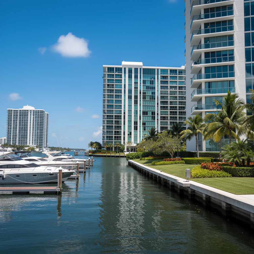 Modern waterfront condo buildings and boats along a canal in Fort Lauderdale