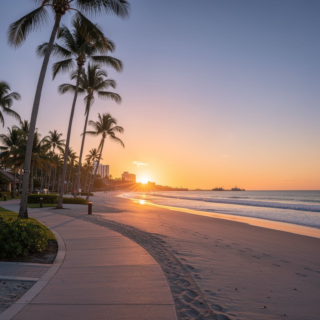 Peaceful sunrise view on a palm-lined beach in Hollywood, Florida