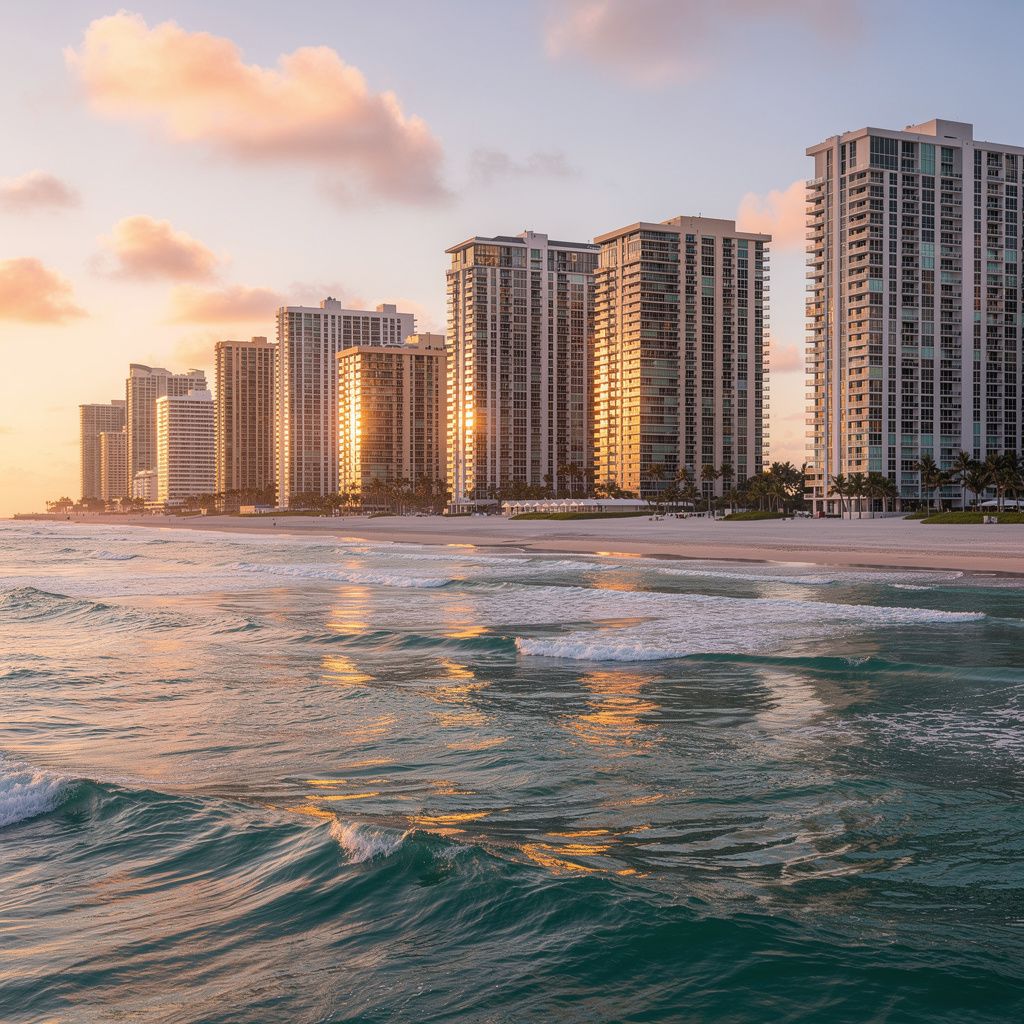 Hallandale Beach condo skyline along the Atlantic Ocean at sunset