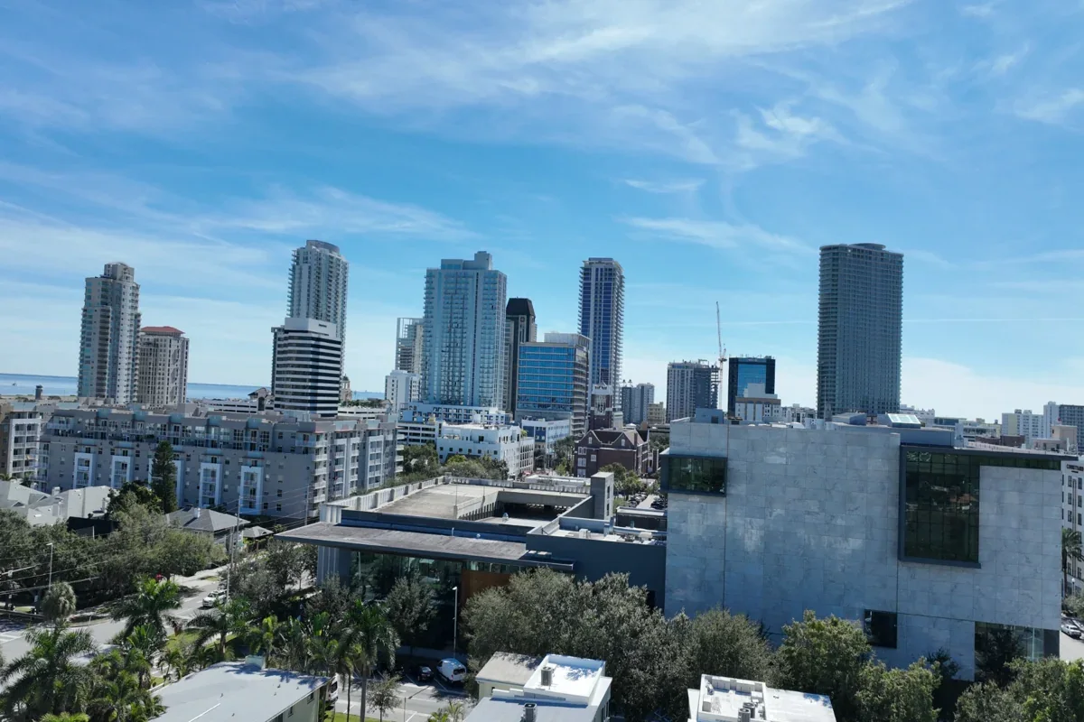 Drone view of downtown St Petersburg Florida showing waterfront condos and skyline along Tampa Bay