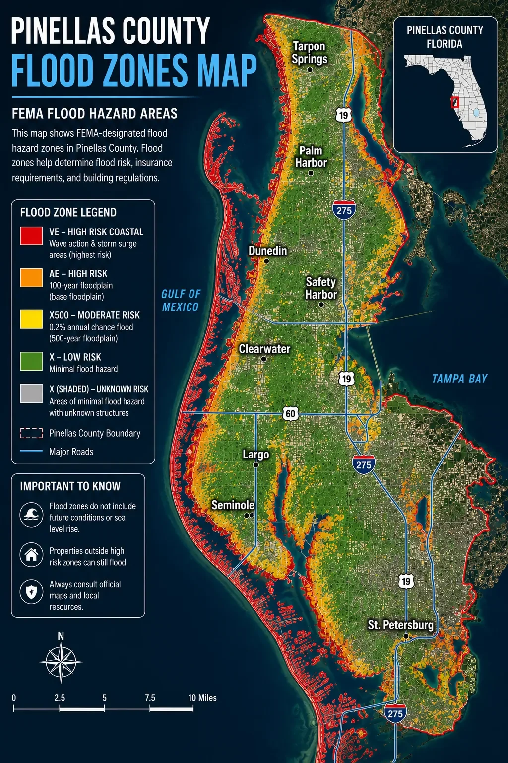 Pinellas County flood zones map showing FEMA Zone X, X500, AE, and VE flood risk areas across Clearwater, Dunedin, Palm Harbor, Largo, Seminole, Safety Harbor, Tarpon Springs, and St. Petersburg.