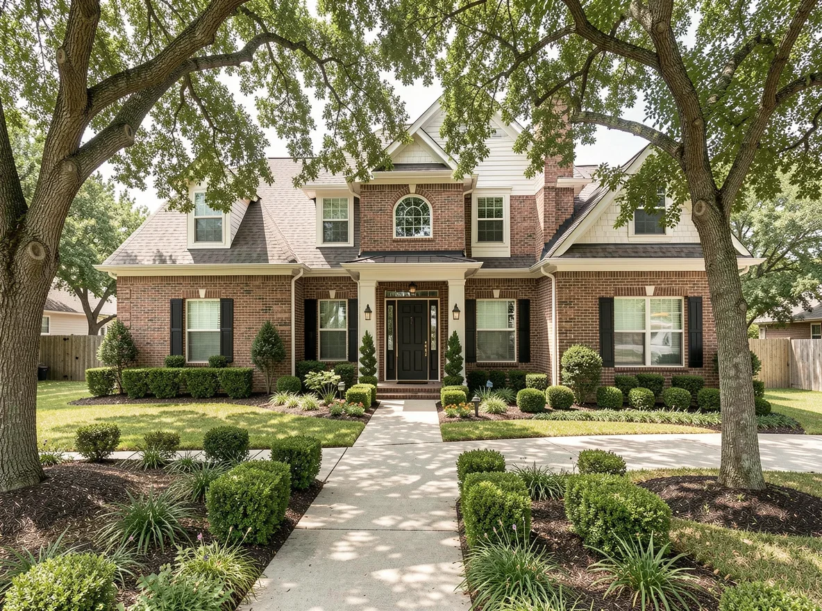 Traditional Fort Worth home exterior with mature trees