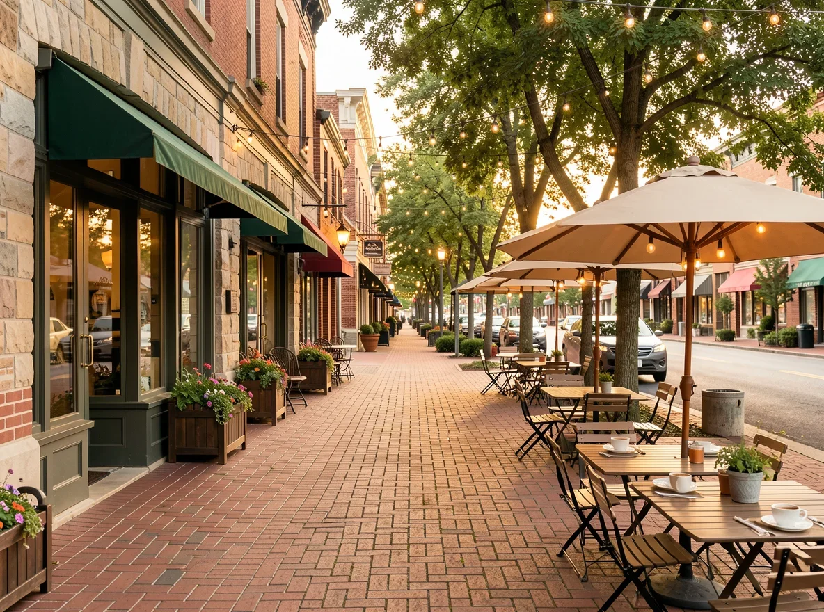 Downtown Kennesaw streetscape with brick storefronts, sidewalks, and small-town character