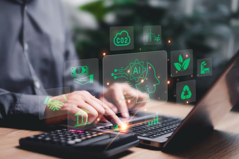 AI and sustainability icons over a laptop.