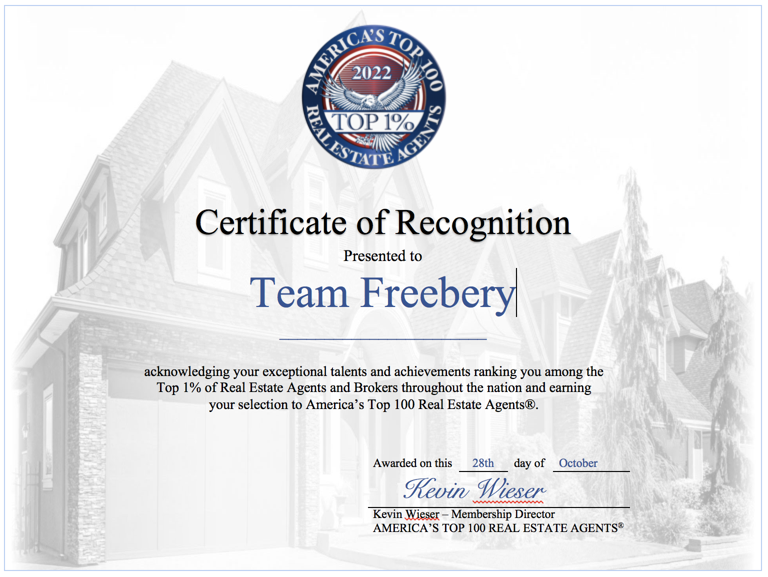 Team Freebery America's Top 100 Award Team Freebery America's Top 100 Award