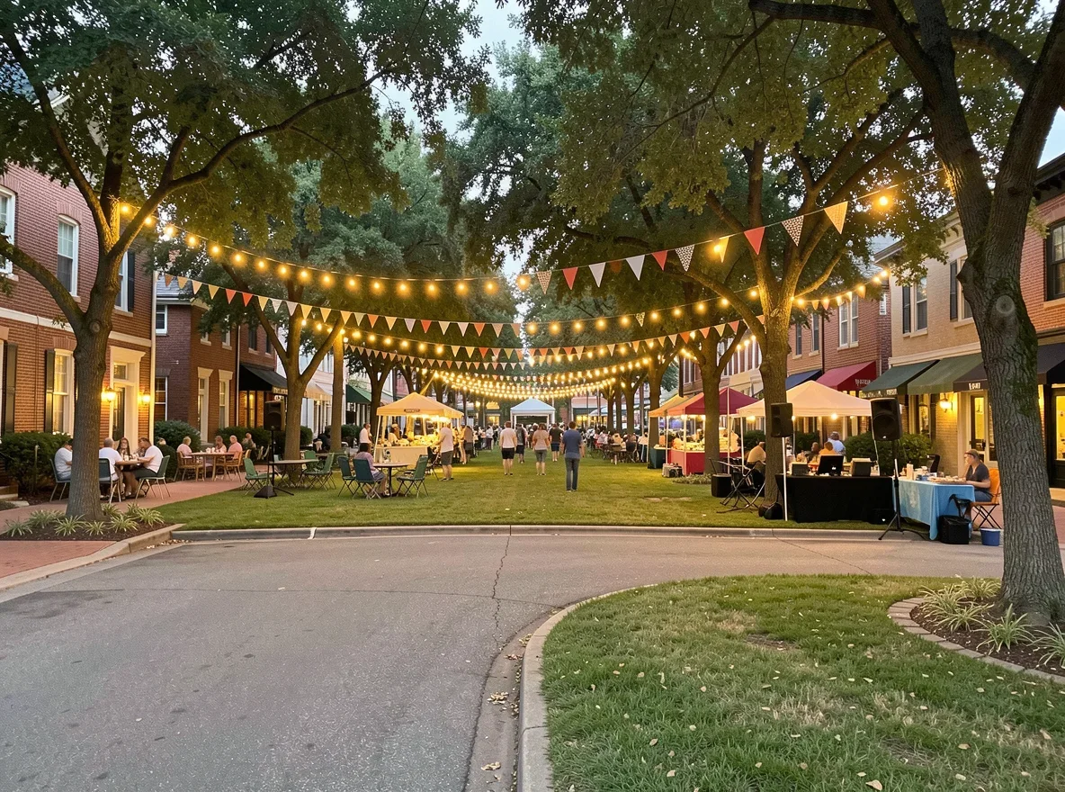 Evening gathering atmosphere in a tree-lined town square in Georgetown