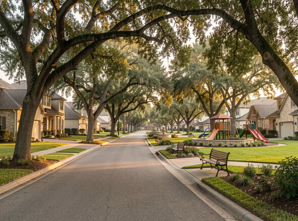 Tree-lined residential street in Westlake, Texas