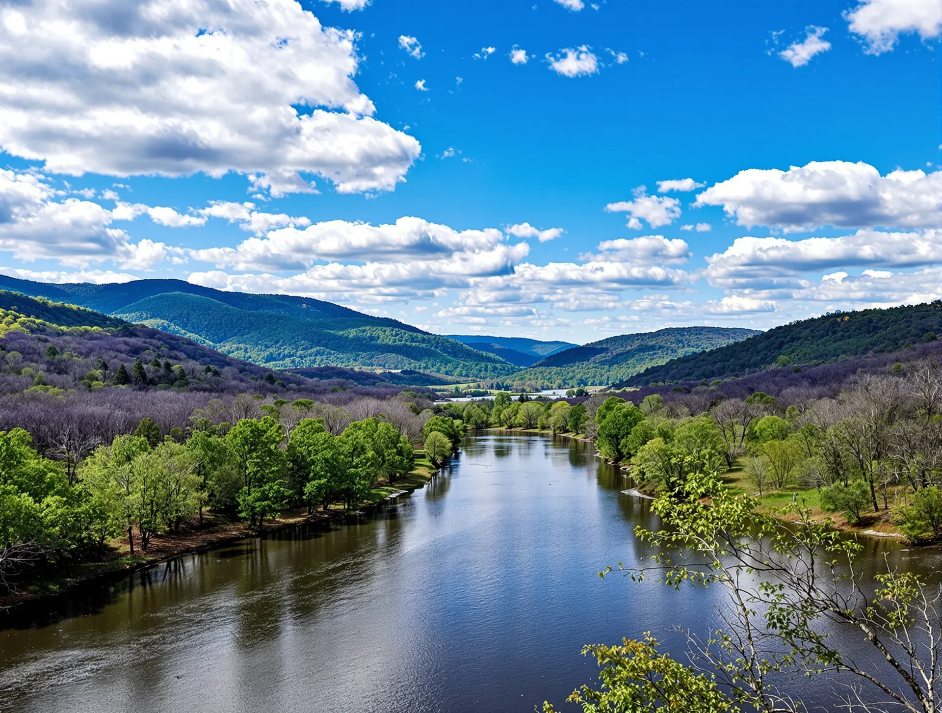French Broad River and wooded hills near Woodfin, North Carolina