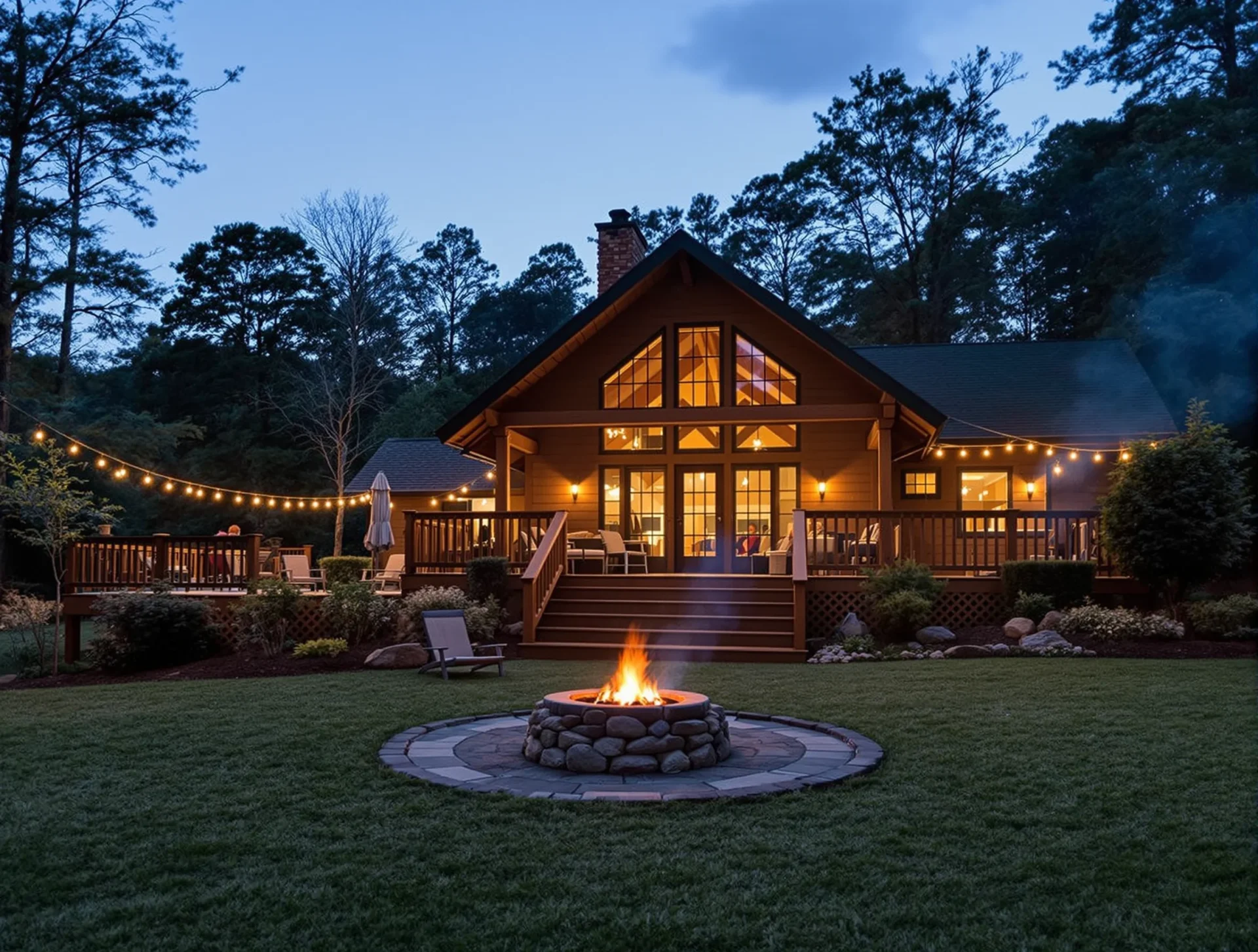 Cozy Asheville home at dusk with outdoor fire pit and warm lights