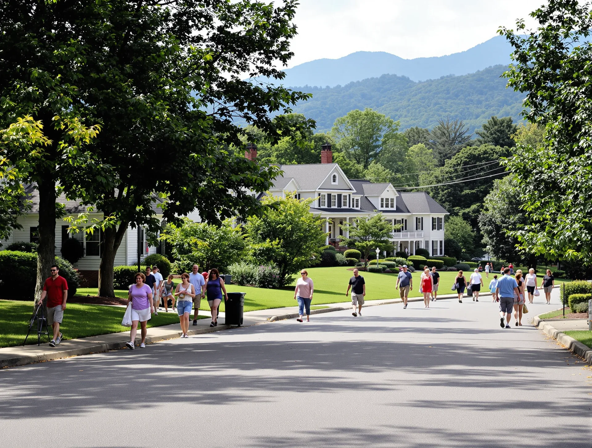 Residents walking along a shaded residential street with mountain views