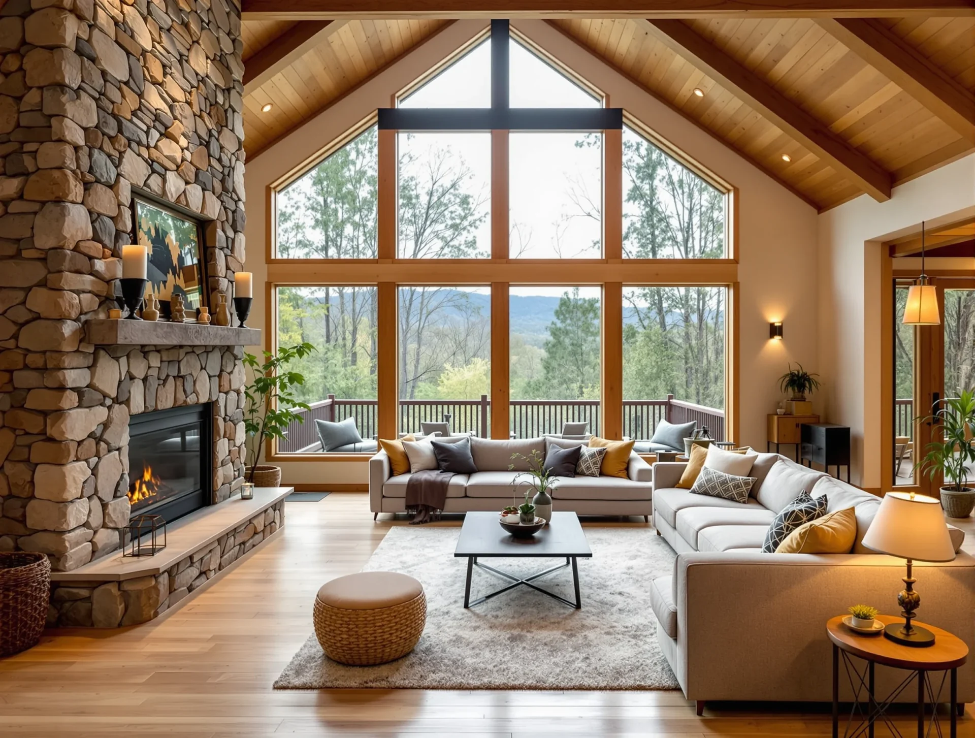 Warm, modern mountain living room interior near Weaverville, North Carolina