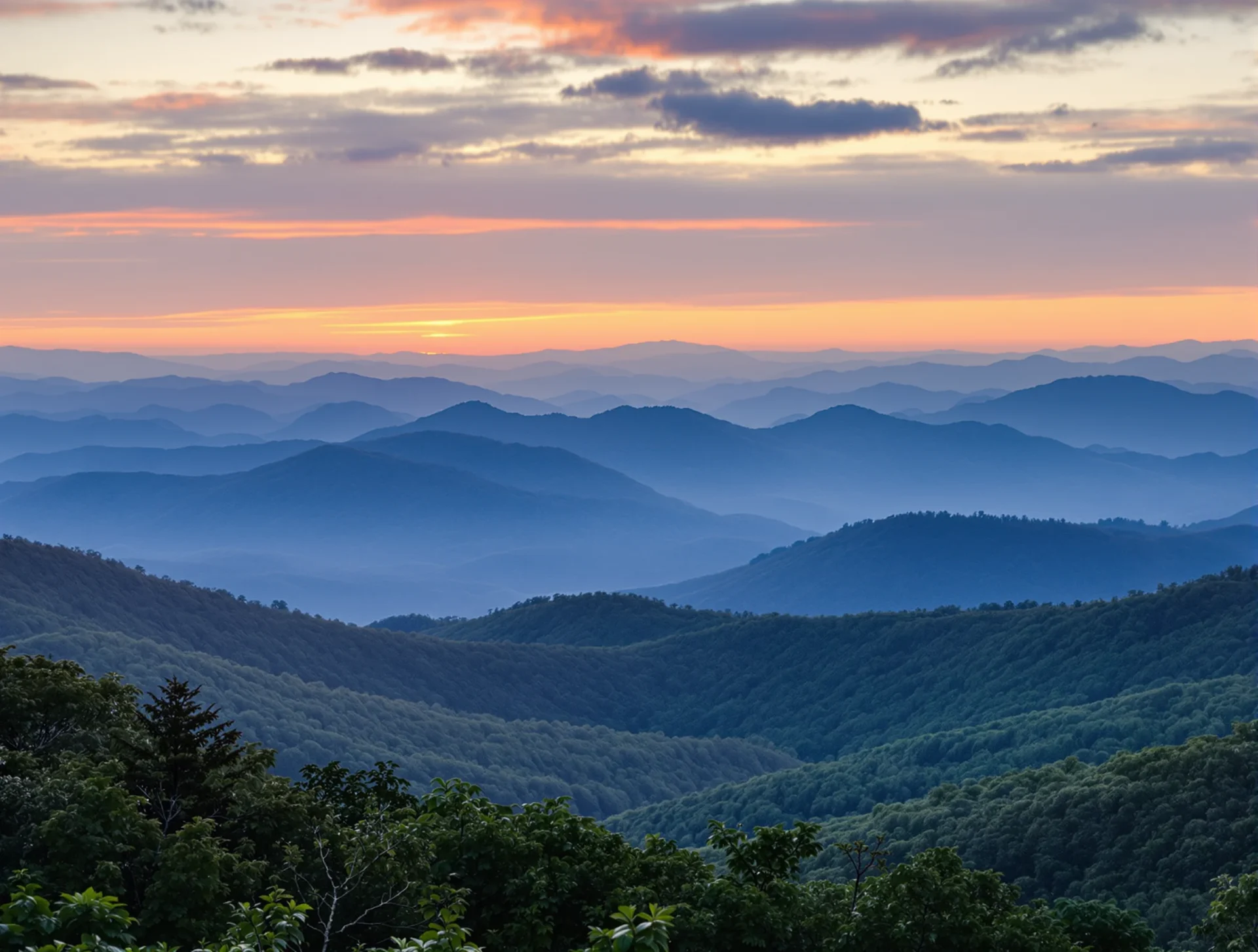 Sunset over the Blue Ridge Mountains surrounding Asheville, North Carolina, USA