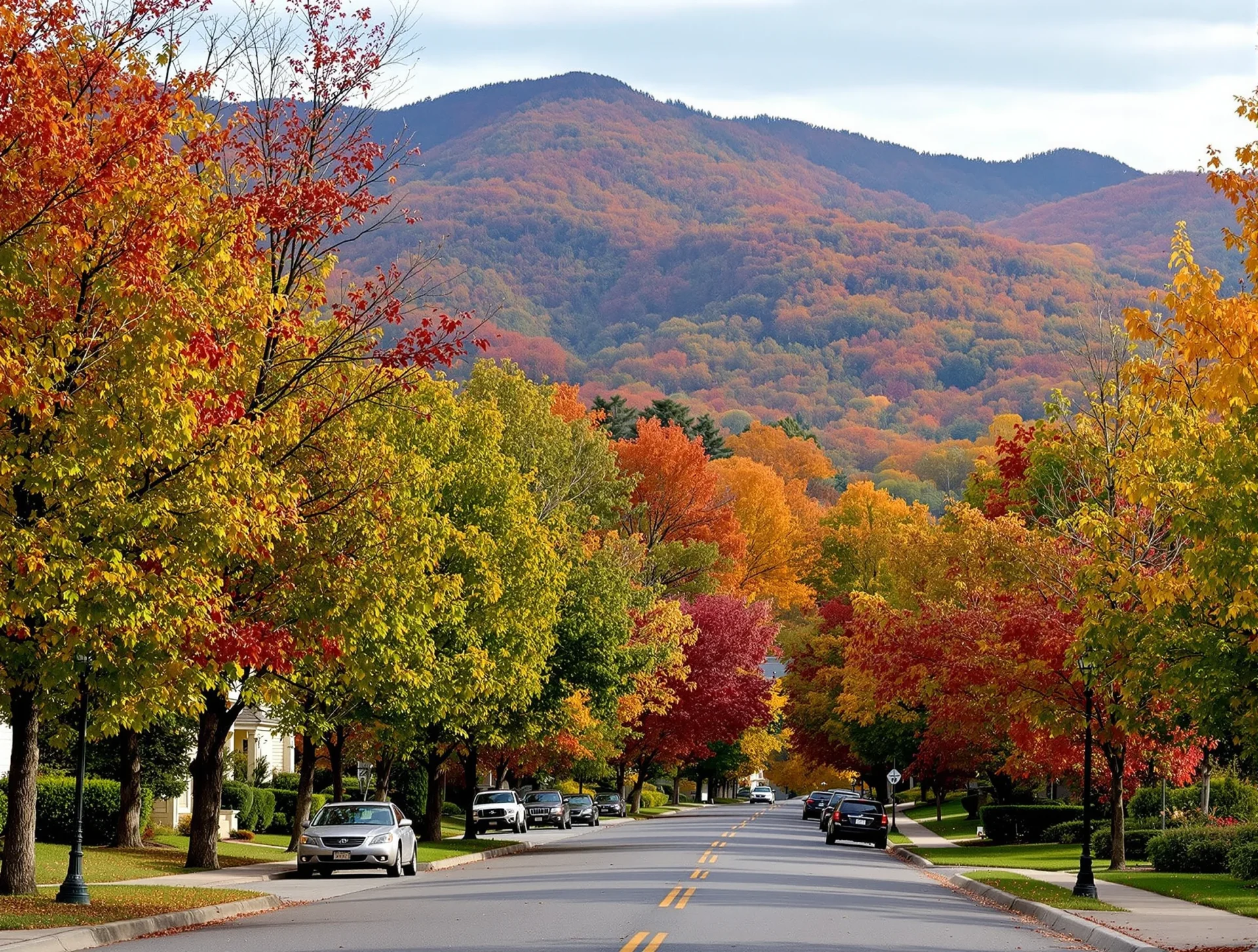 Tree-lined residential street framed by fall colors and mountain views in Biltmore Forest, North Carolina