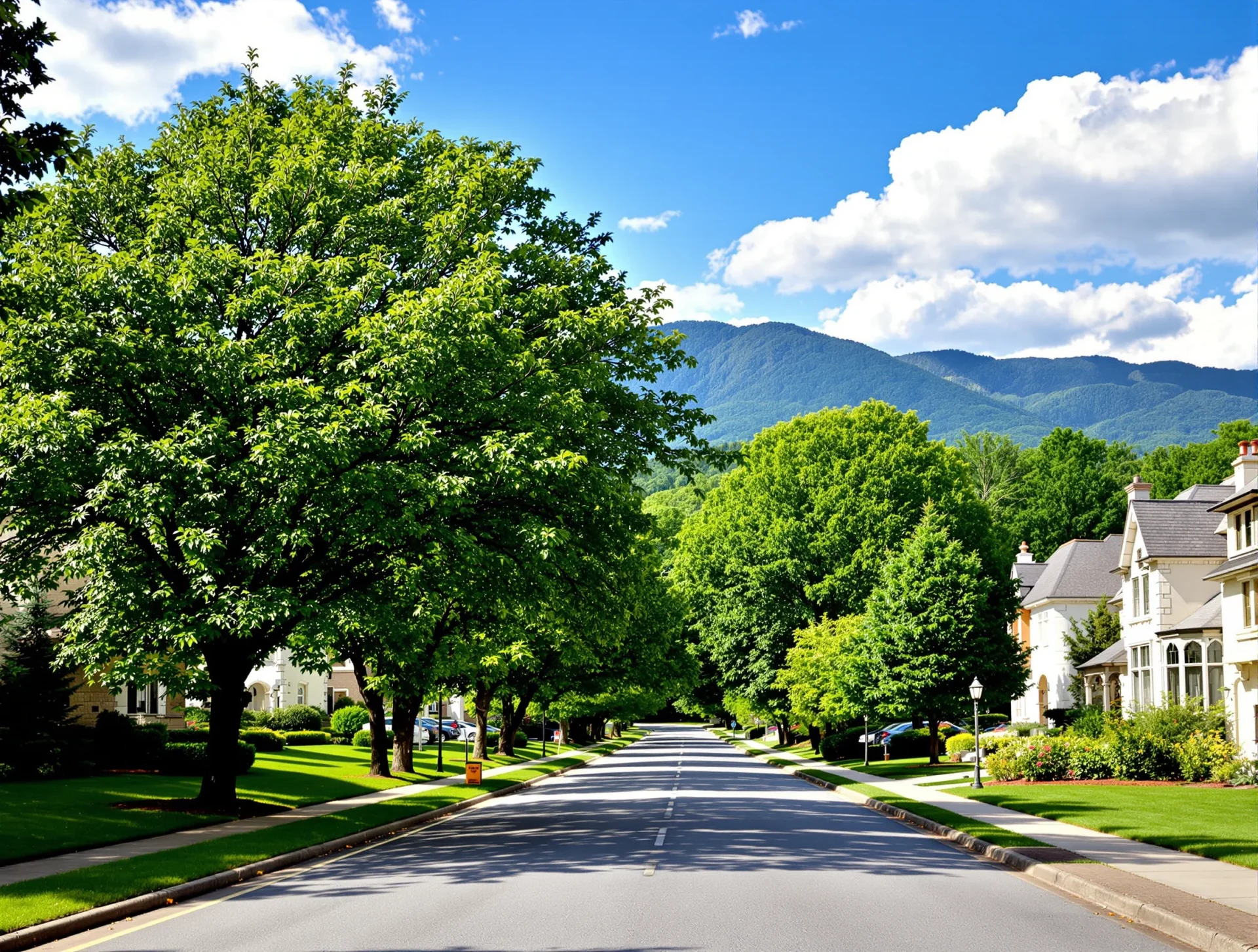 Tree-lined street in Biltmore Forest with mature trees and mountain backdrop