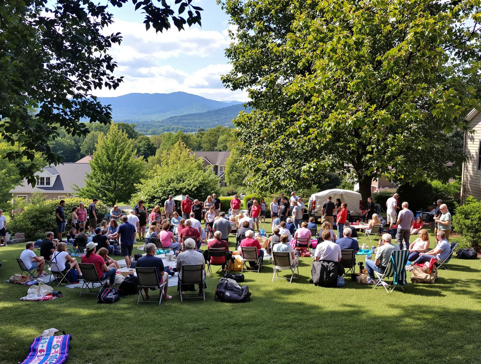 Neighbors gathering outdoors in a leafy neighborhood near Asheville