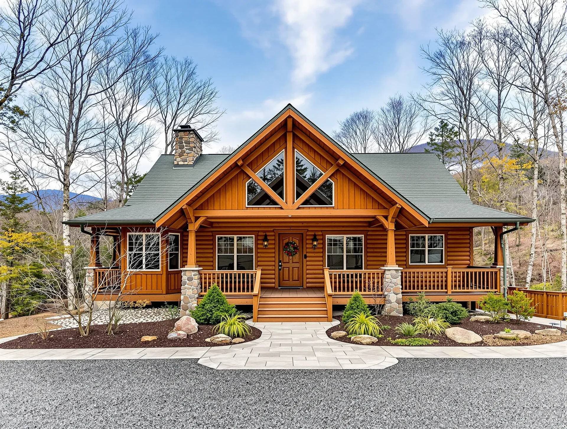 Mountain home exterior with porch and native landscaping near Weaverville, North Carolina