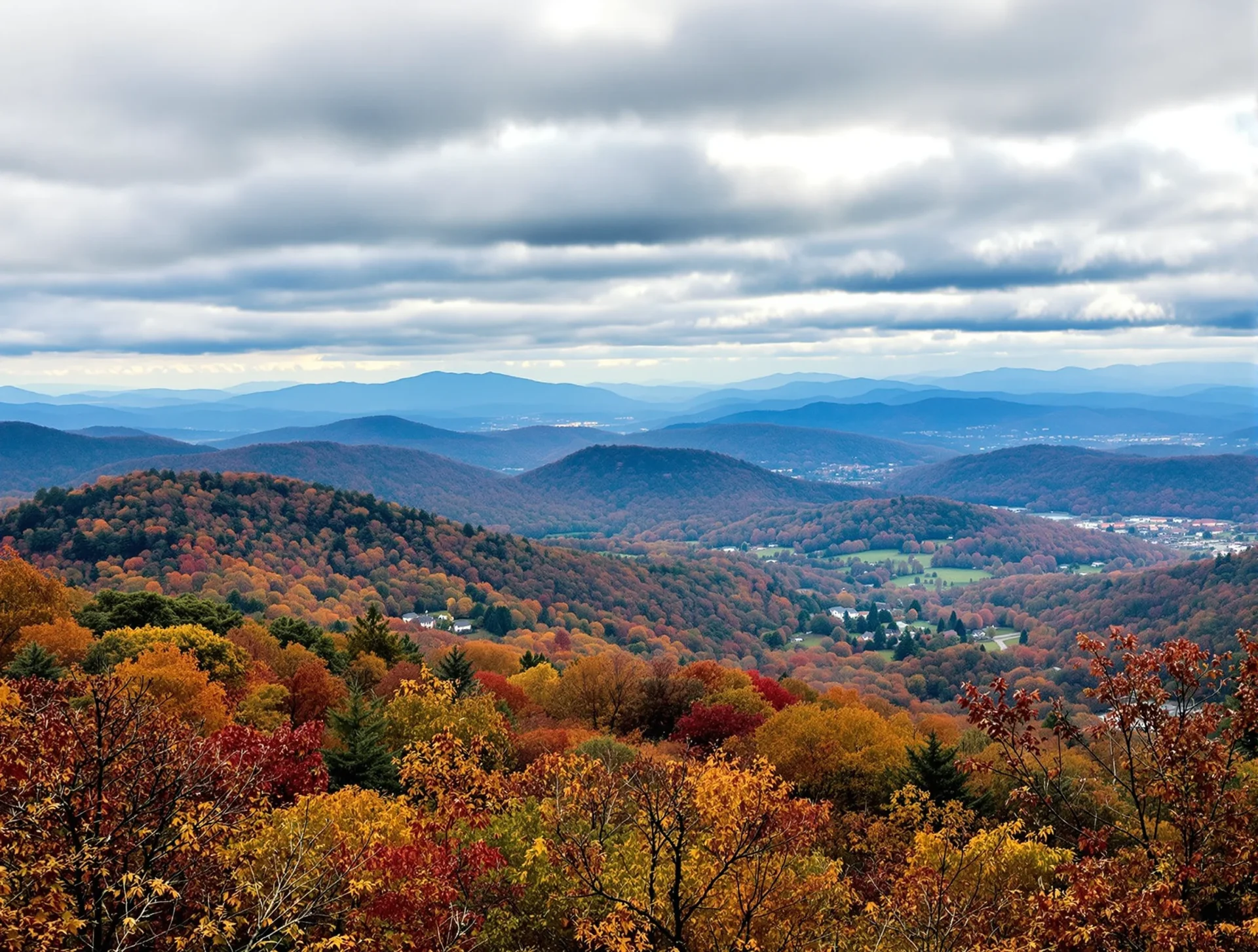 Scenic view of Asheville homes nestled in the Blue Ridge Mountains during fall