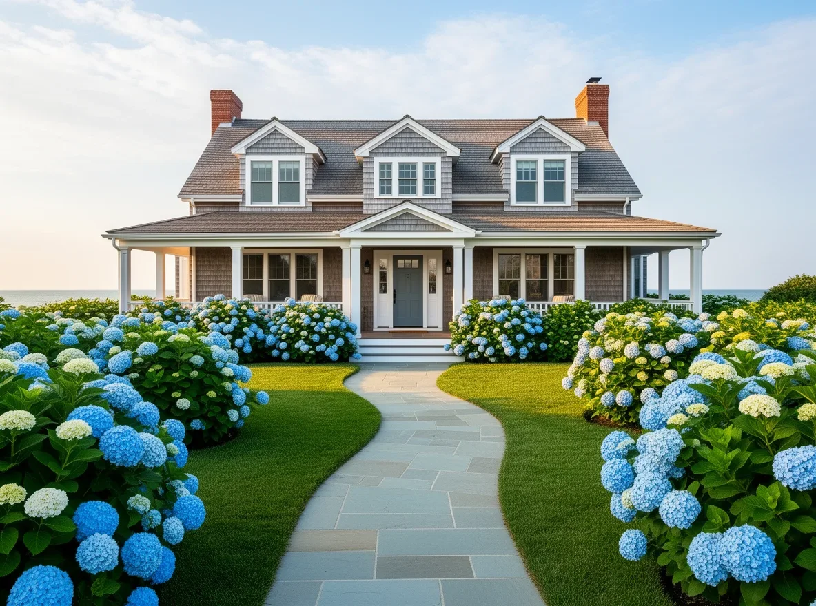 Shingle-style luxury home exterior with hydrangeas on Nantucket