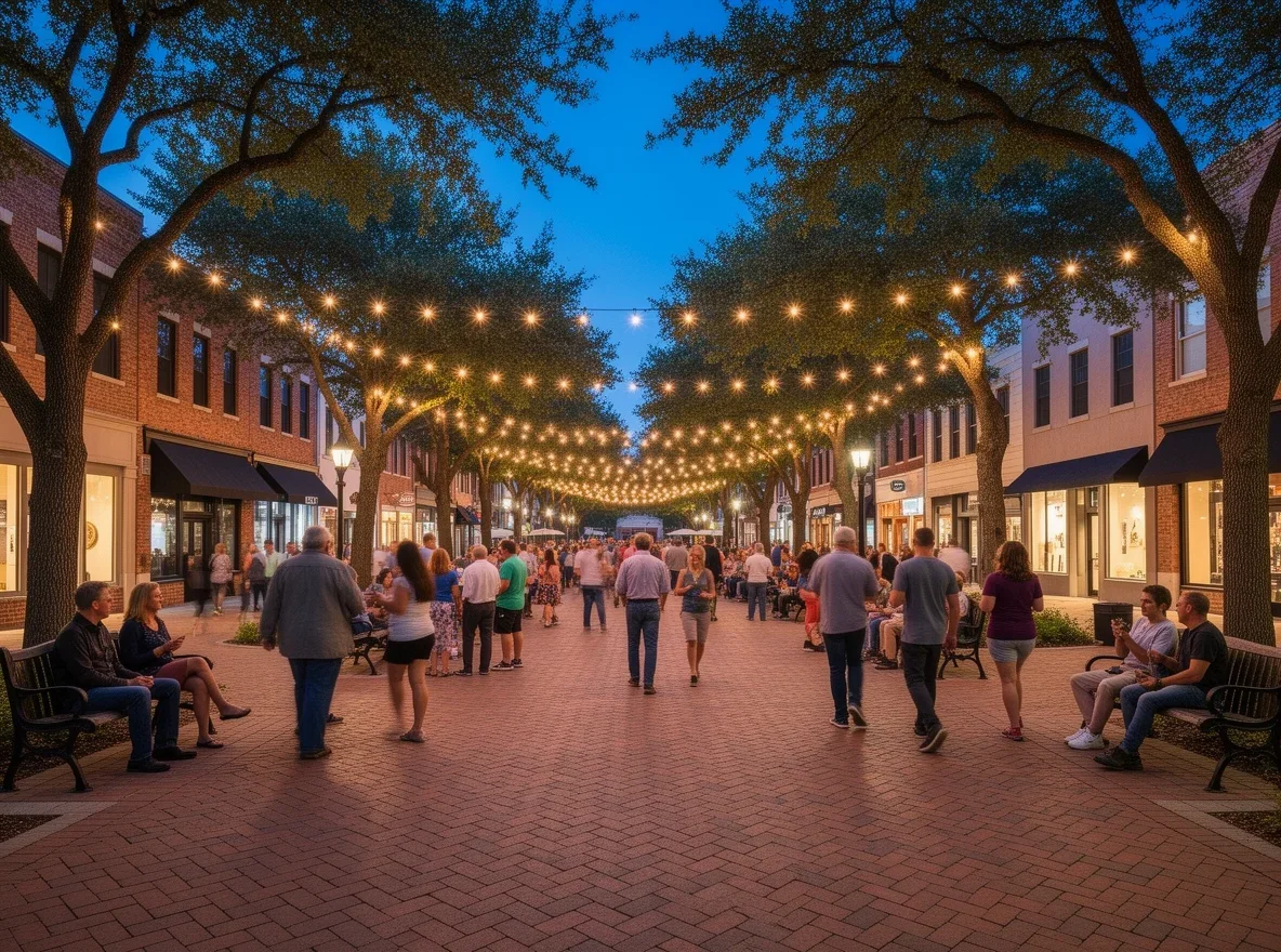 Community gathering in a tree-lined town square in McKinney