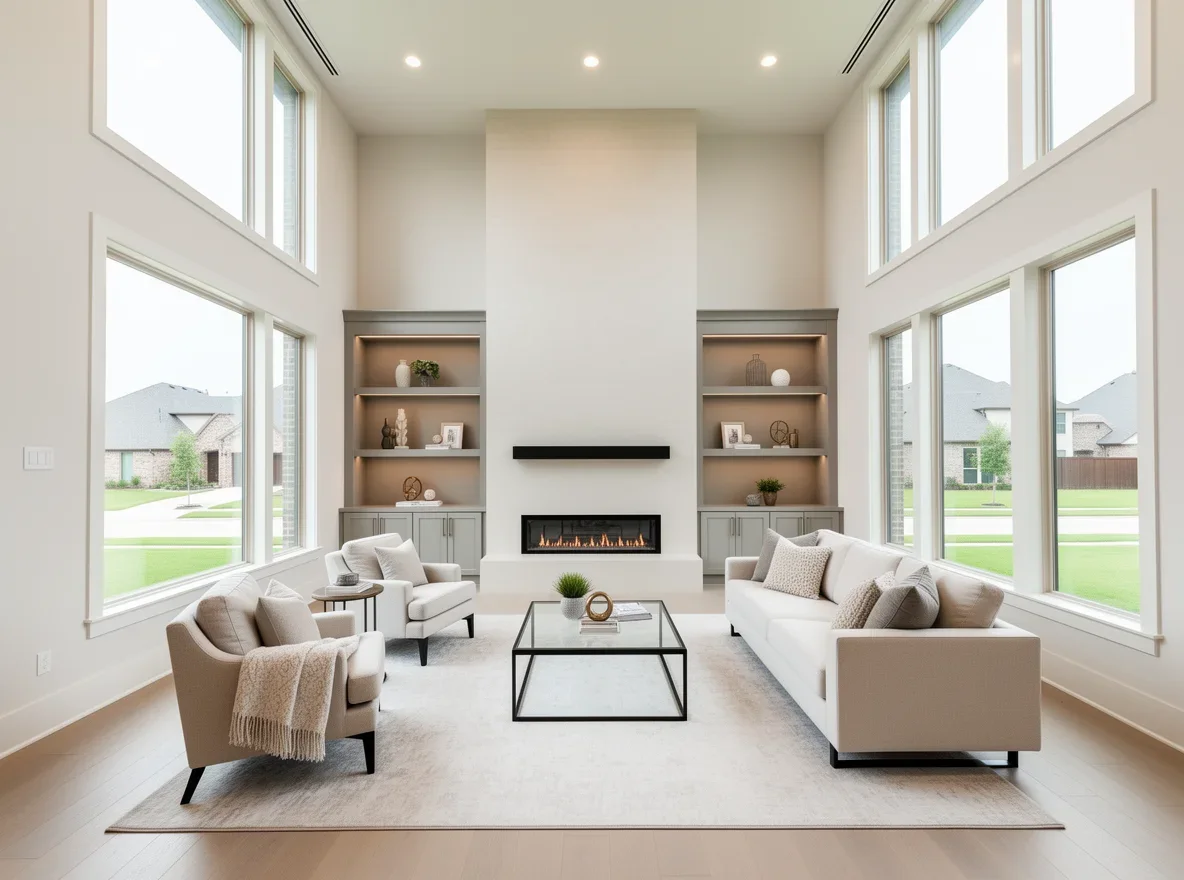 Luxury living room with tall ceilings and natural light