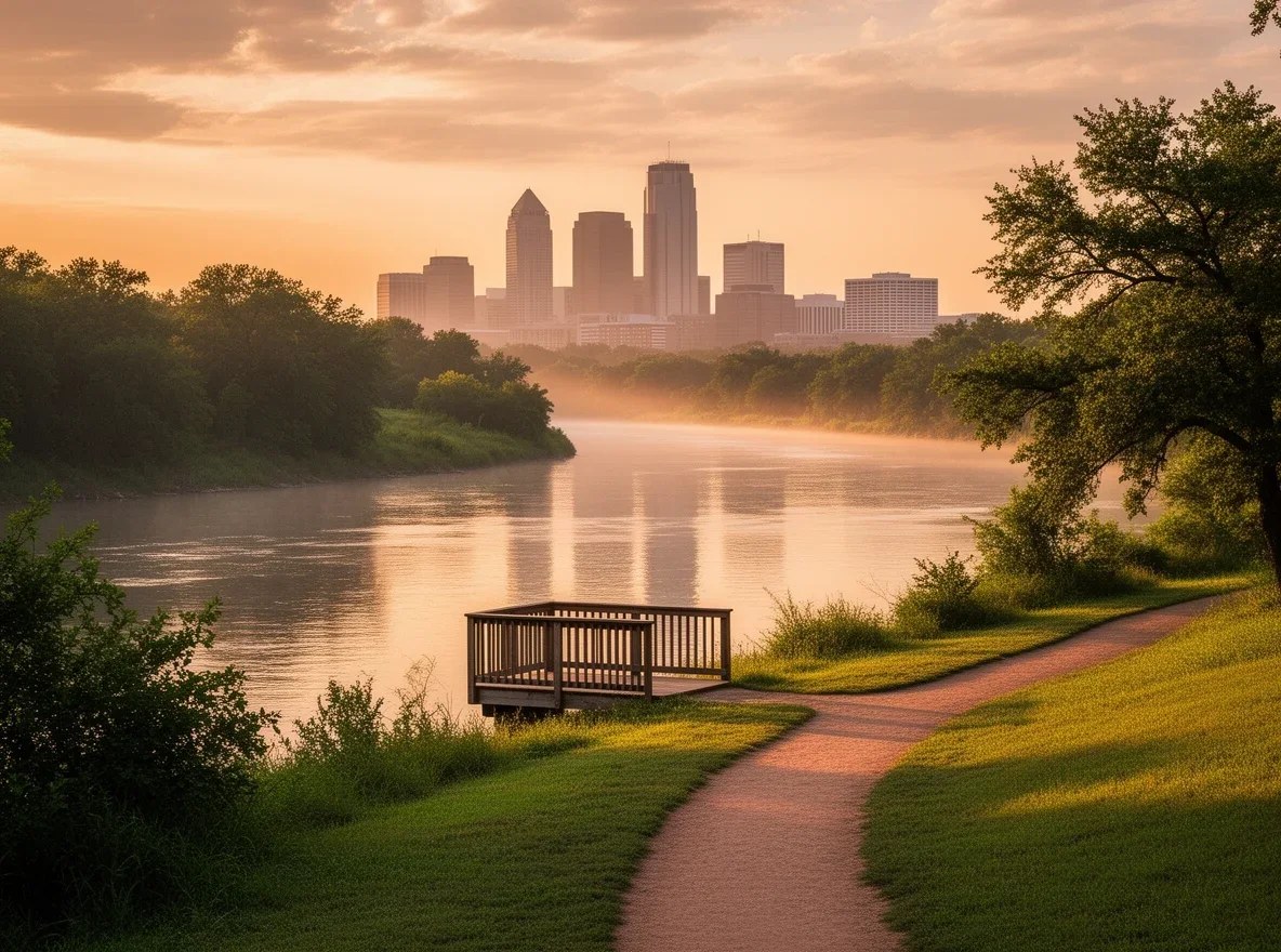 Fort Worth skyline near the Trinity River at sunset