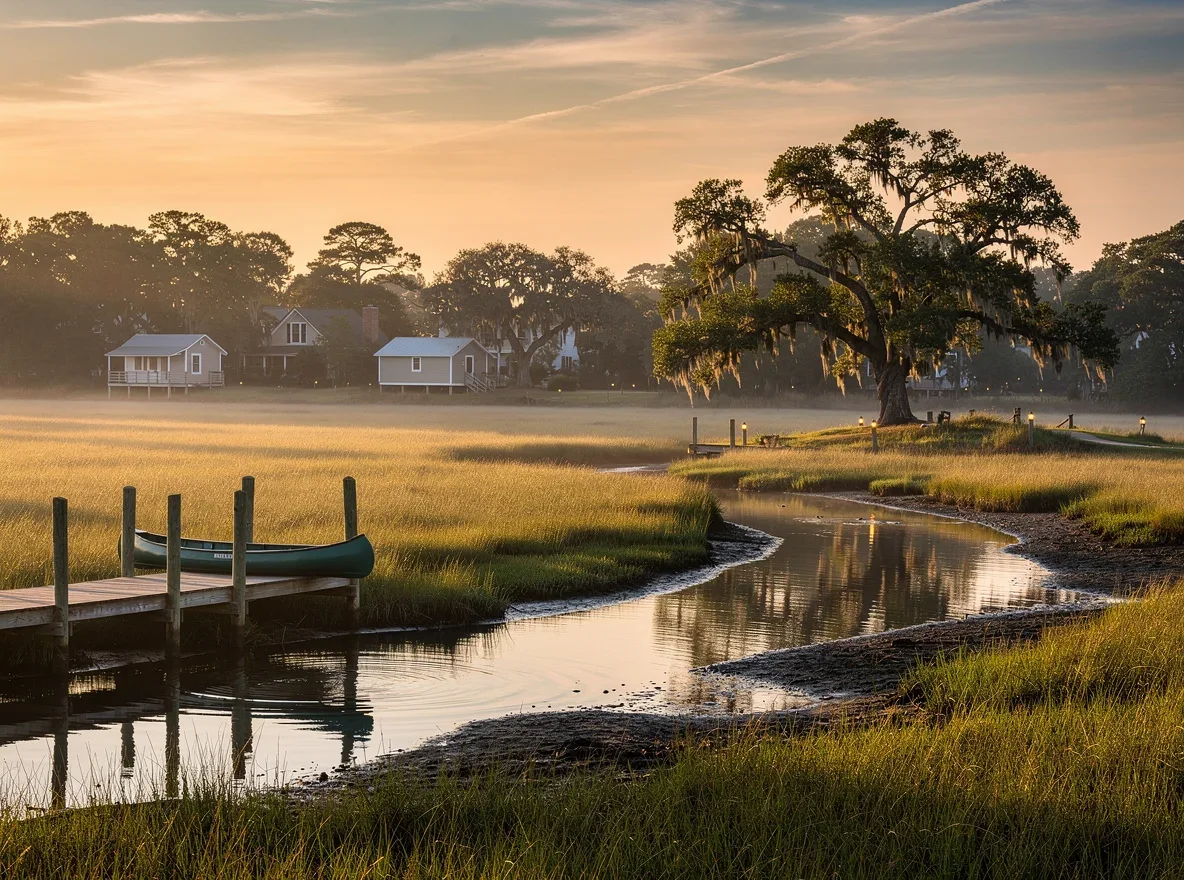 Charleston salt marsh at sunset with tidal creek and live oaks