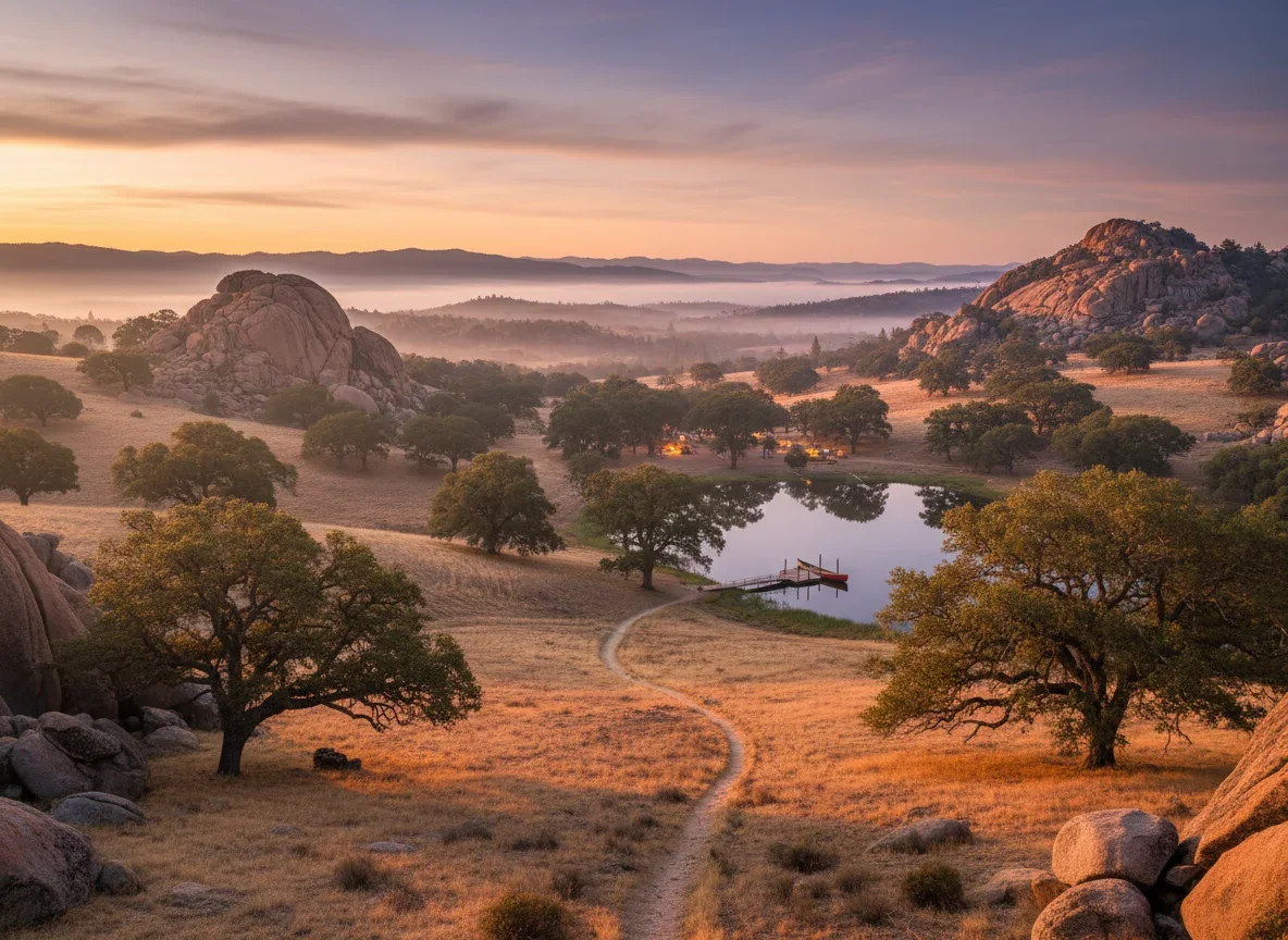 Foothill landscape in Tuolumne County at golden hour