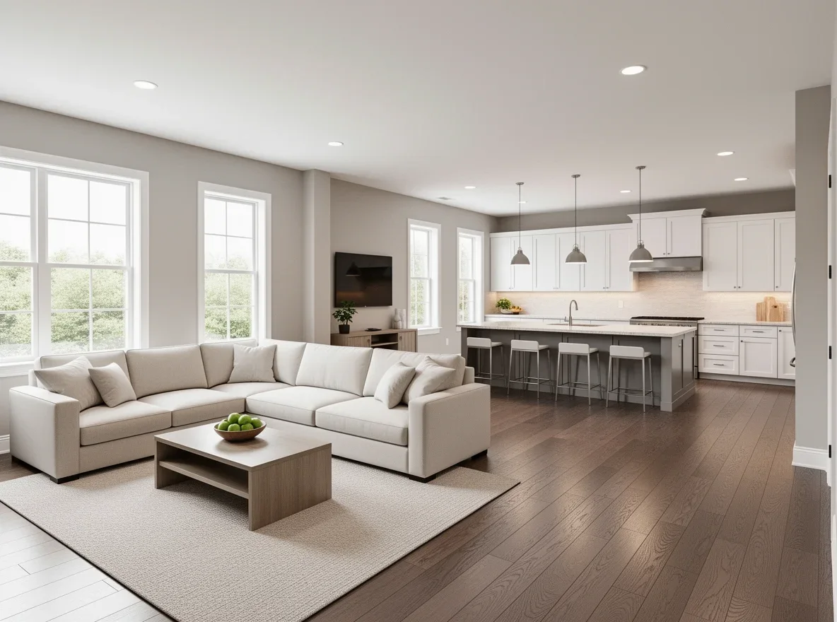 Open-concept kitchen and family room with natural light