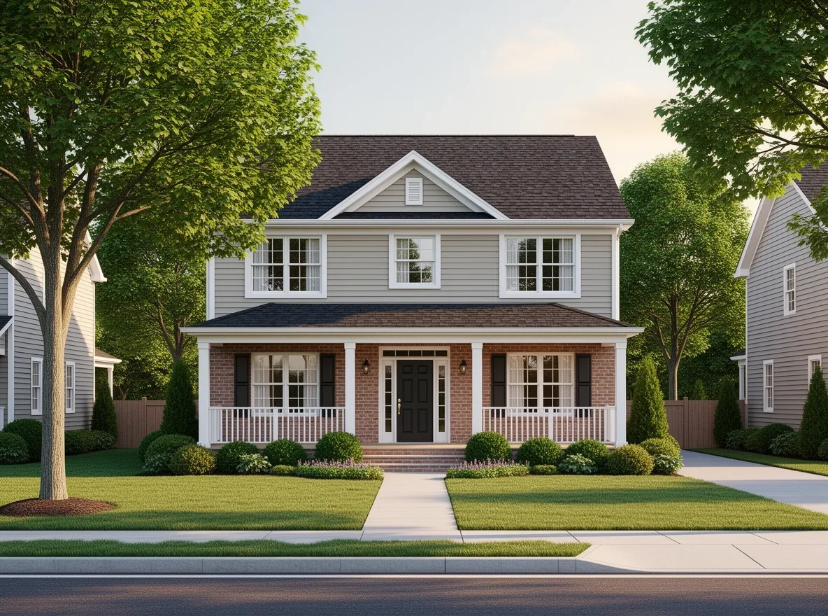 Bergen County style home exterior with mature landscaping