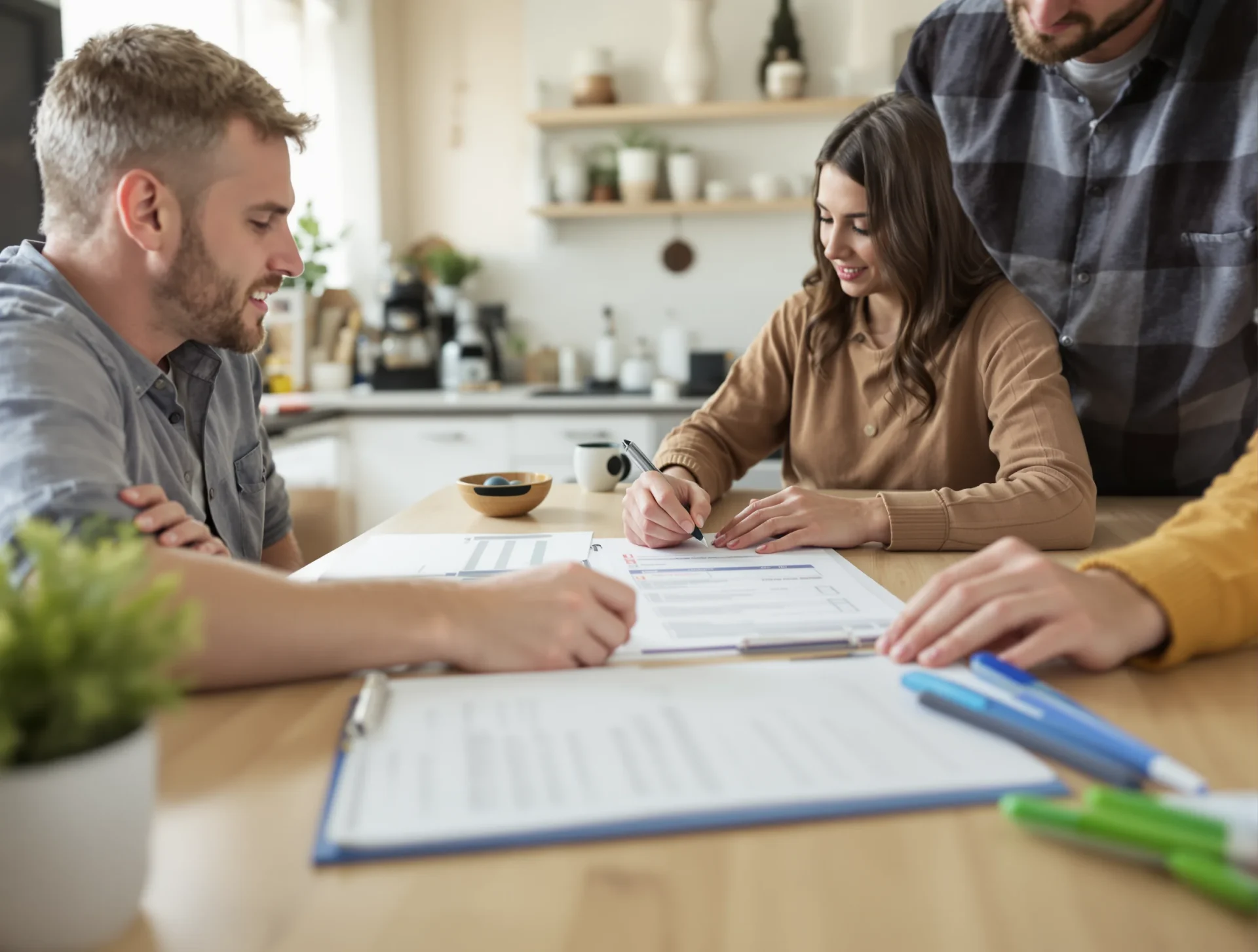 Real estate agent meeting with homeowners to plan low-cost improvements before selling