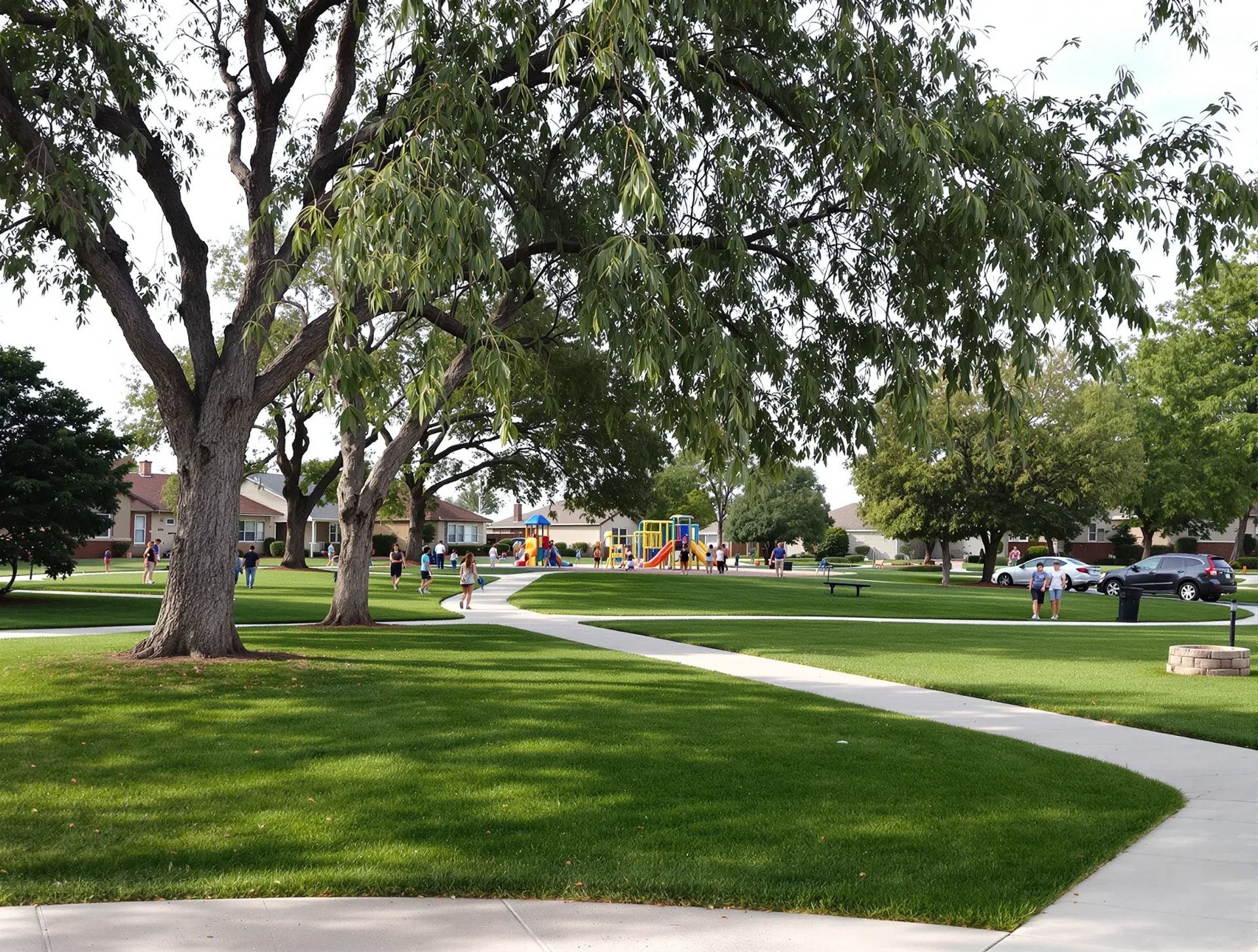 Community park with walking paths and playground in a Bakersfield neighborhood