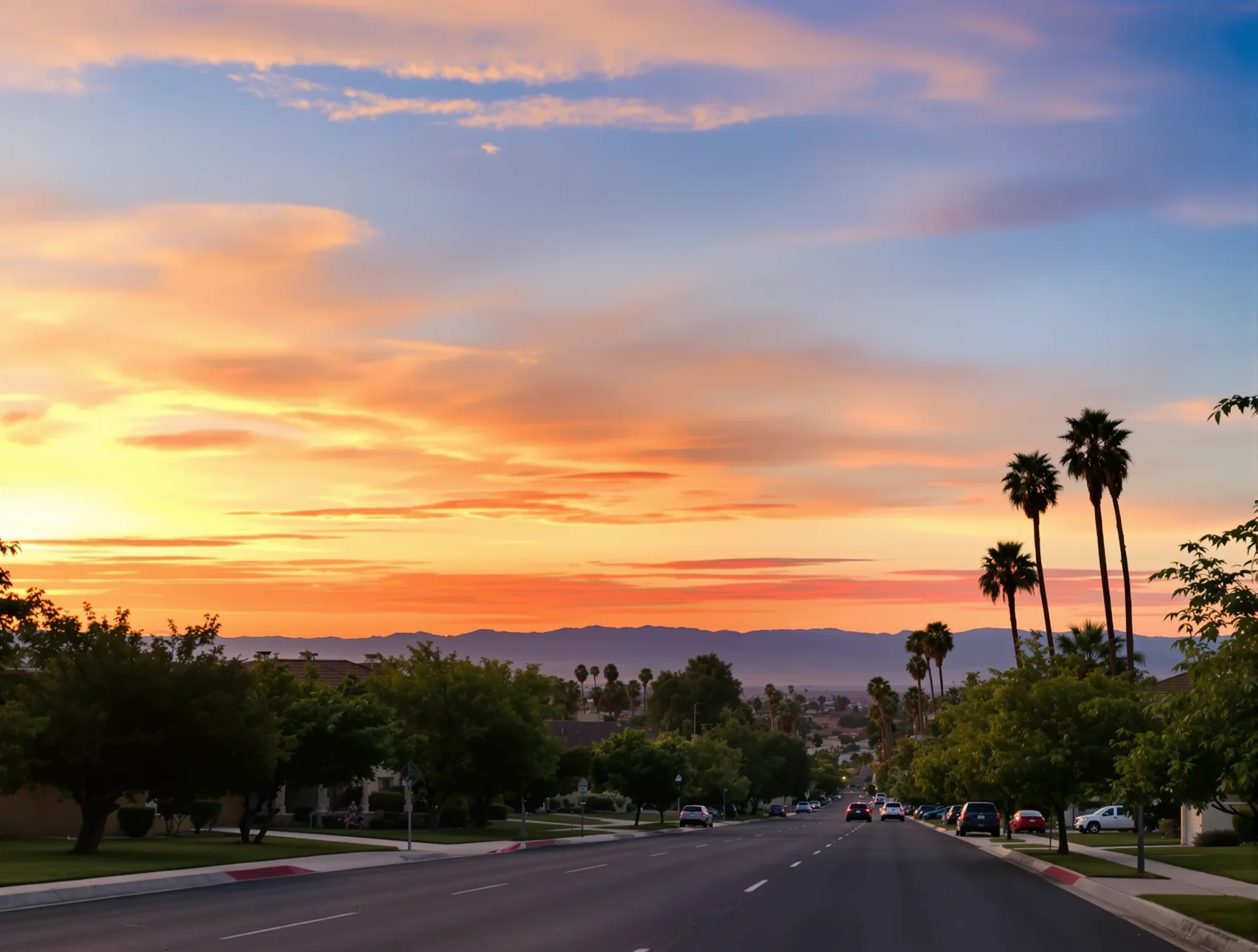 Sunset view over a residential neighborhood street in Bakersfield, California