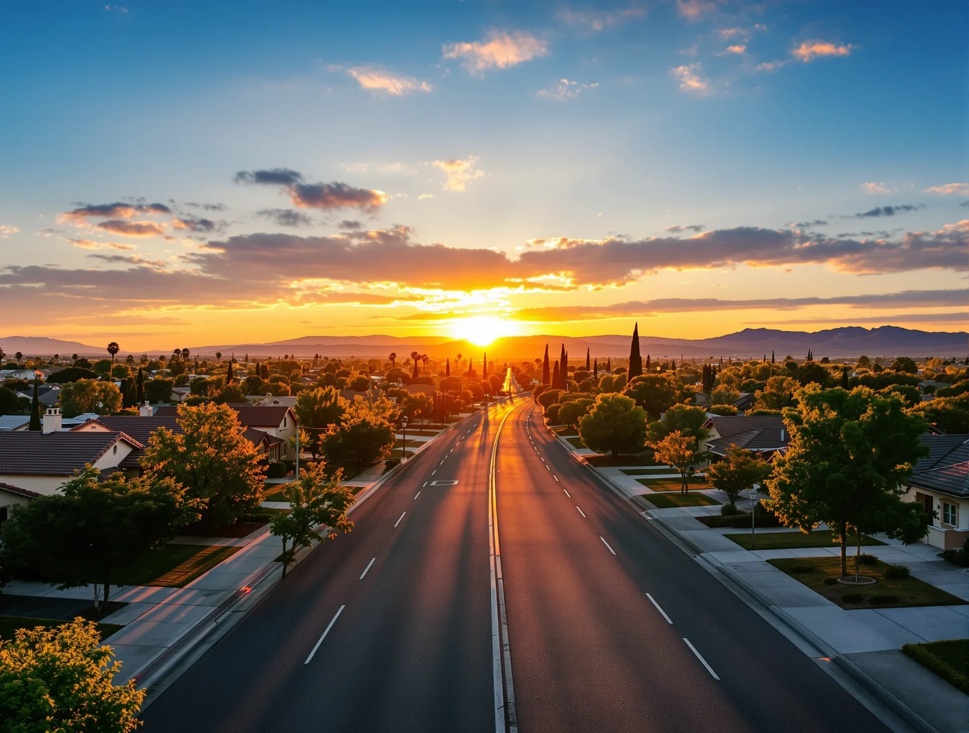 Sunset over a quiet neighborhood near Oildale in Bakersfield, California
