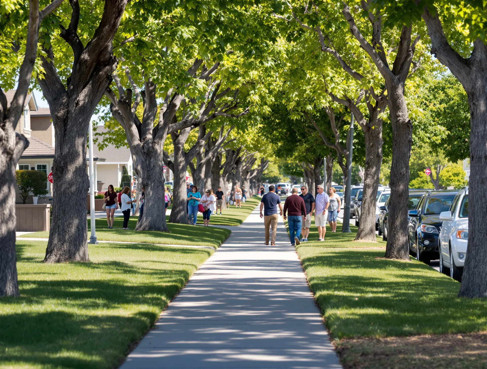 Neighbors chatting along a tree-lined residential street near Bakersfield, California