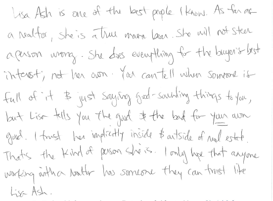 Emily B handwritten review of Lisa Ash