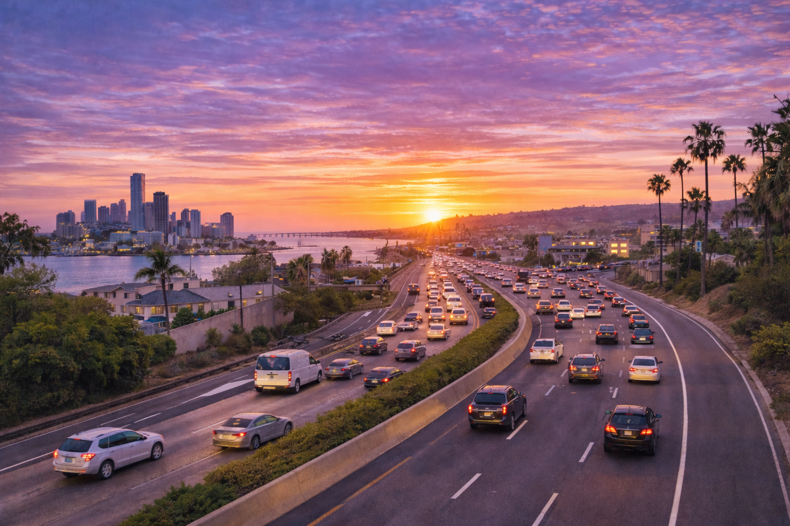 Pacific Beach I-5 Freeway Access and Traffic Cars entering the I-5 freeway from Pacific Beach in San Diego during light traffic with ocean and coastal neighborhood in the background