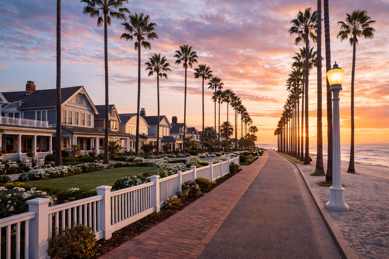 Palm tree-lined street in Coronado near the beach featuring historic homes, white fences, and warm coastal sunset light.