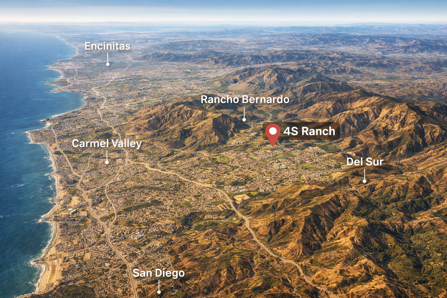4S Ranch Location Map Within San Diego County Terrain 3D terrain map of San Diego County showing 4S Ranch highlighted inland, with surrounding areas including Rancho Bernardo, Carmel Valley, Del Sur, Encinitas, and the Pacific coastline.