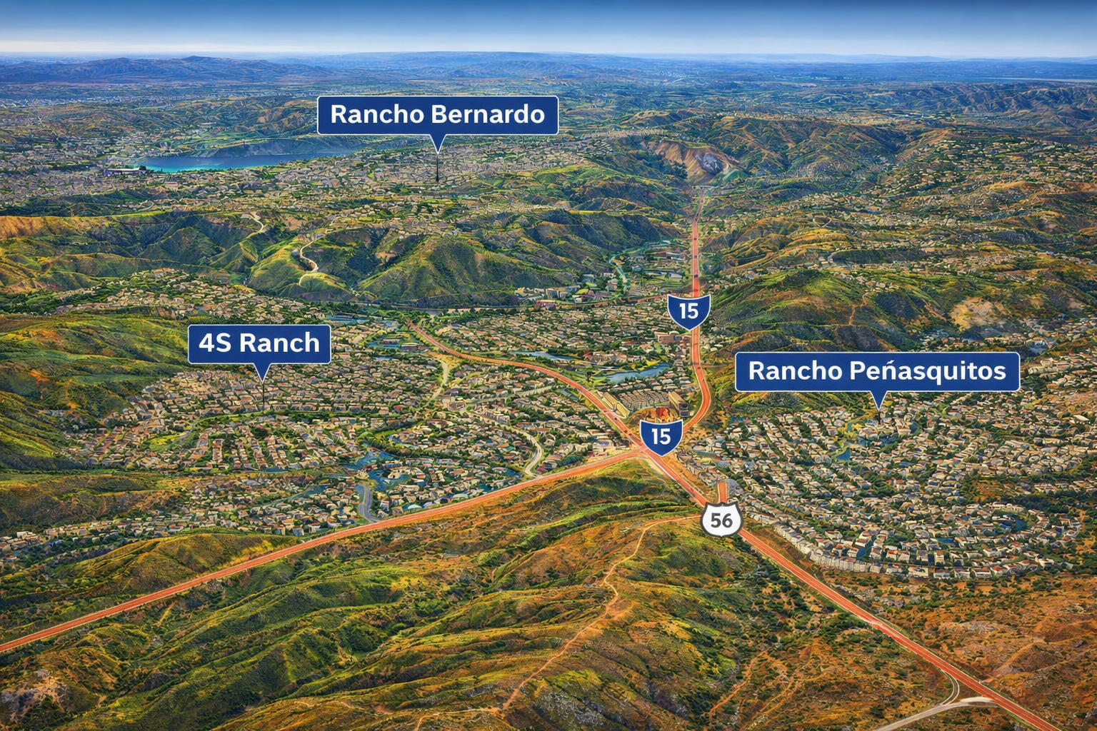 3D Terrain Map of Rancho Bernardo, 4S Ranch, and Rancho Peñasquitos Detailed 3D aerial terrain map showing Rancho Bernardo, 4S Ranch, and Rancho Peñasquitos in northern San Diego County, including surrounding hills, canyons, and major highways like I-15 and SR-56.