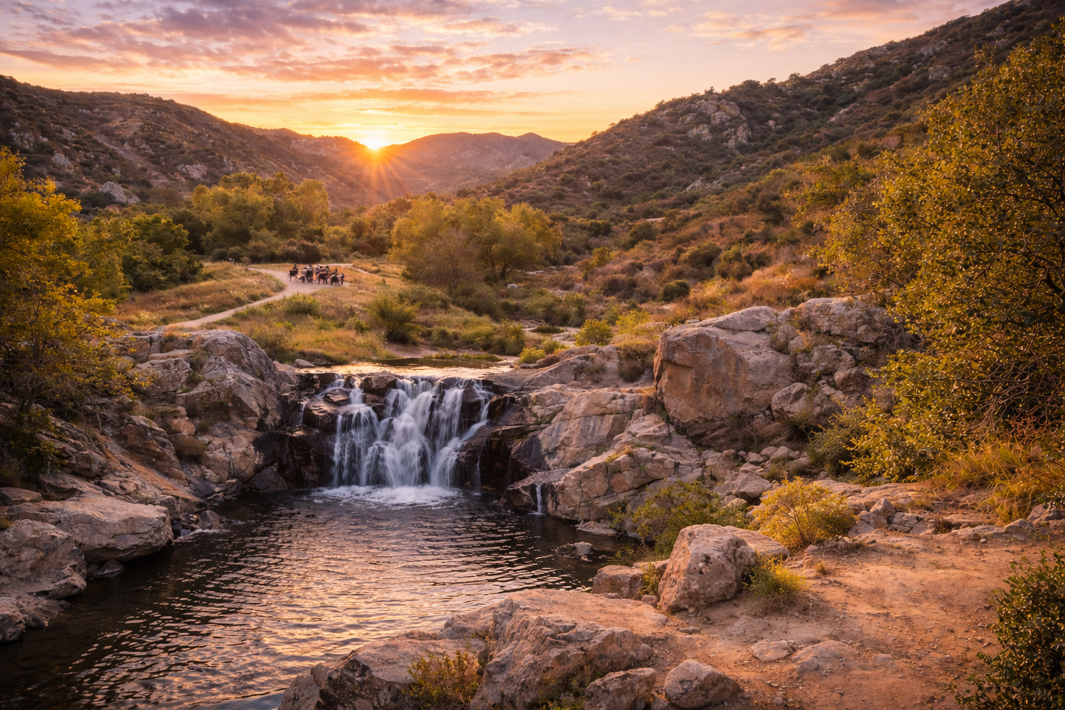 Los Peñasquitos Canyon Preserve waterfall and hiking trails in Rancho Peñasquitos North County San Diego