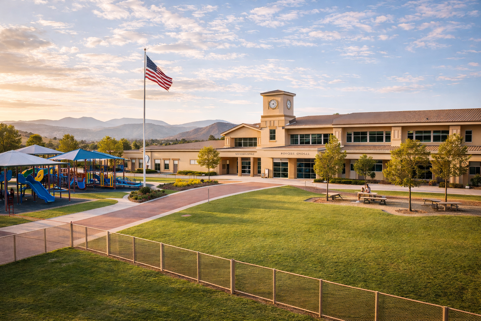 Modern Elementary School Campus in 4S Ranch San Diego Elementary school campus in 4S Ranch San Diego with modern buildings, playground, open grassy field, and mountain backdrop in North County.