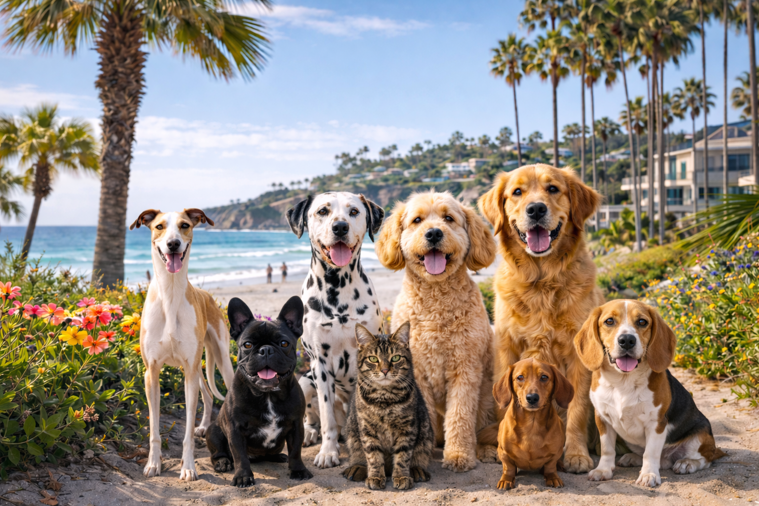 Pet-Friendly Living in San Diego Group of dogs including a whippet, dalmatian, golden retriever, golden doodle, French bulldog, dachshund, beagle, Yorkshire terrier, and a tabby cat sitting together on a sandy coastal path with ocean cliffs and palm trees in the background in San Diego.