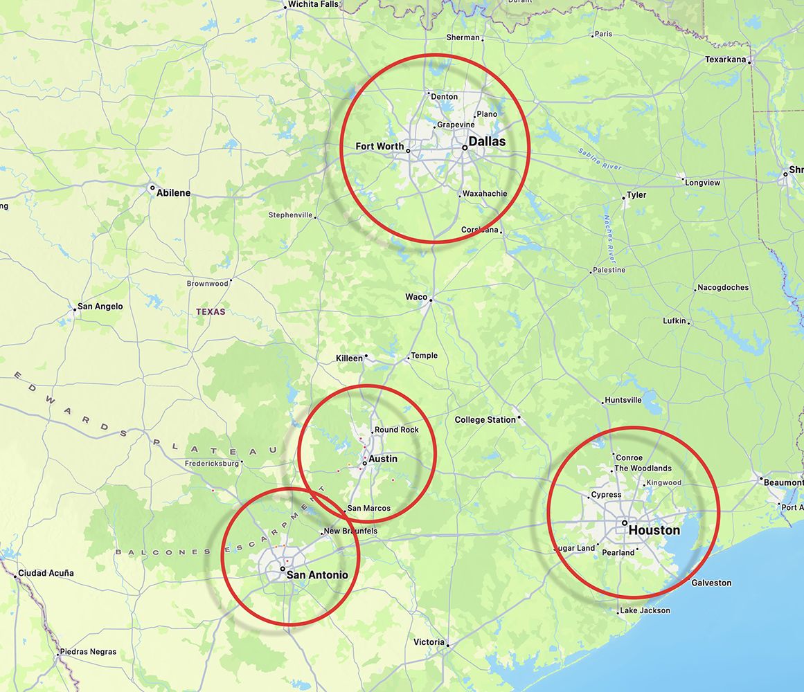 image of service area map for buyer representation in Austin San Antonio Houston and Dallas Fort Worth Texas