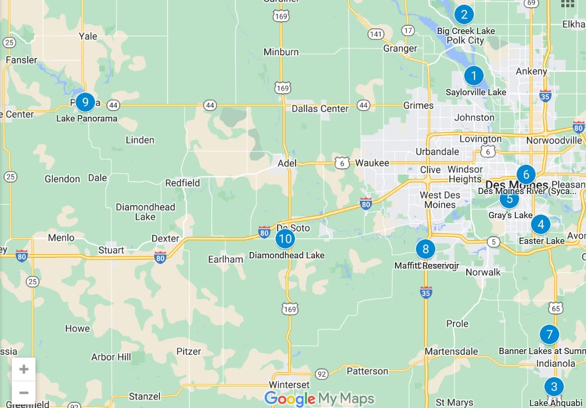 Map showing the top 10 places to fish in Central Iowa