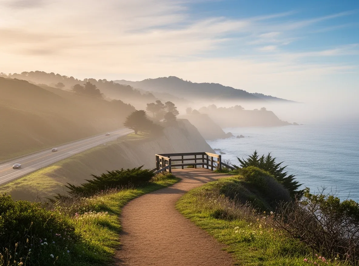 Coastal highway and ocean mist near Aptos in the morning