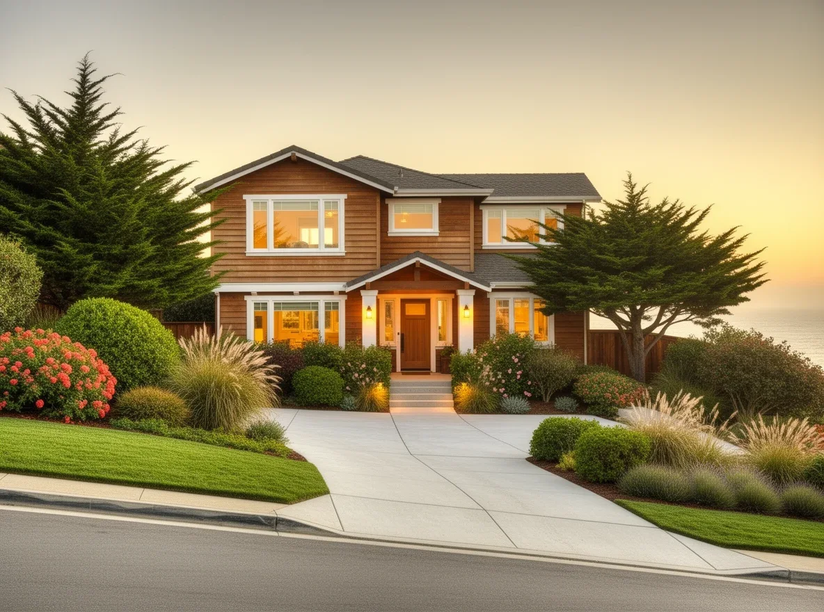 Aptos coastal home exterior with landscaped yard at dusk