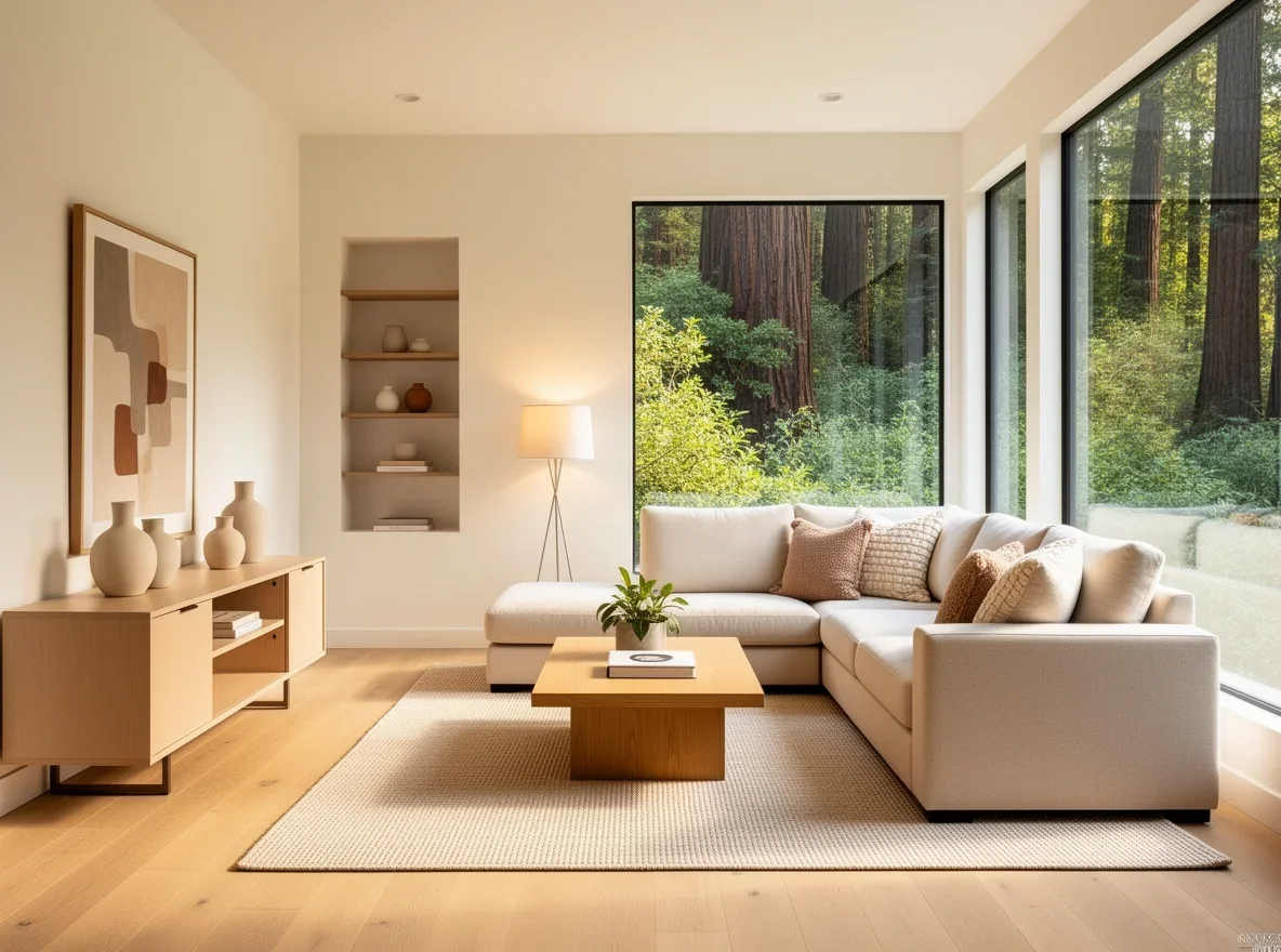 Bright modern living room with large windows in Scotts Valley