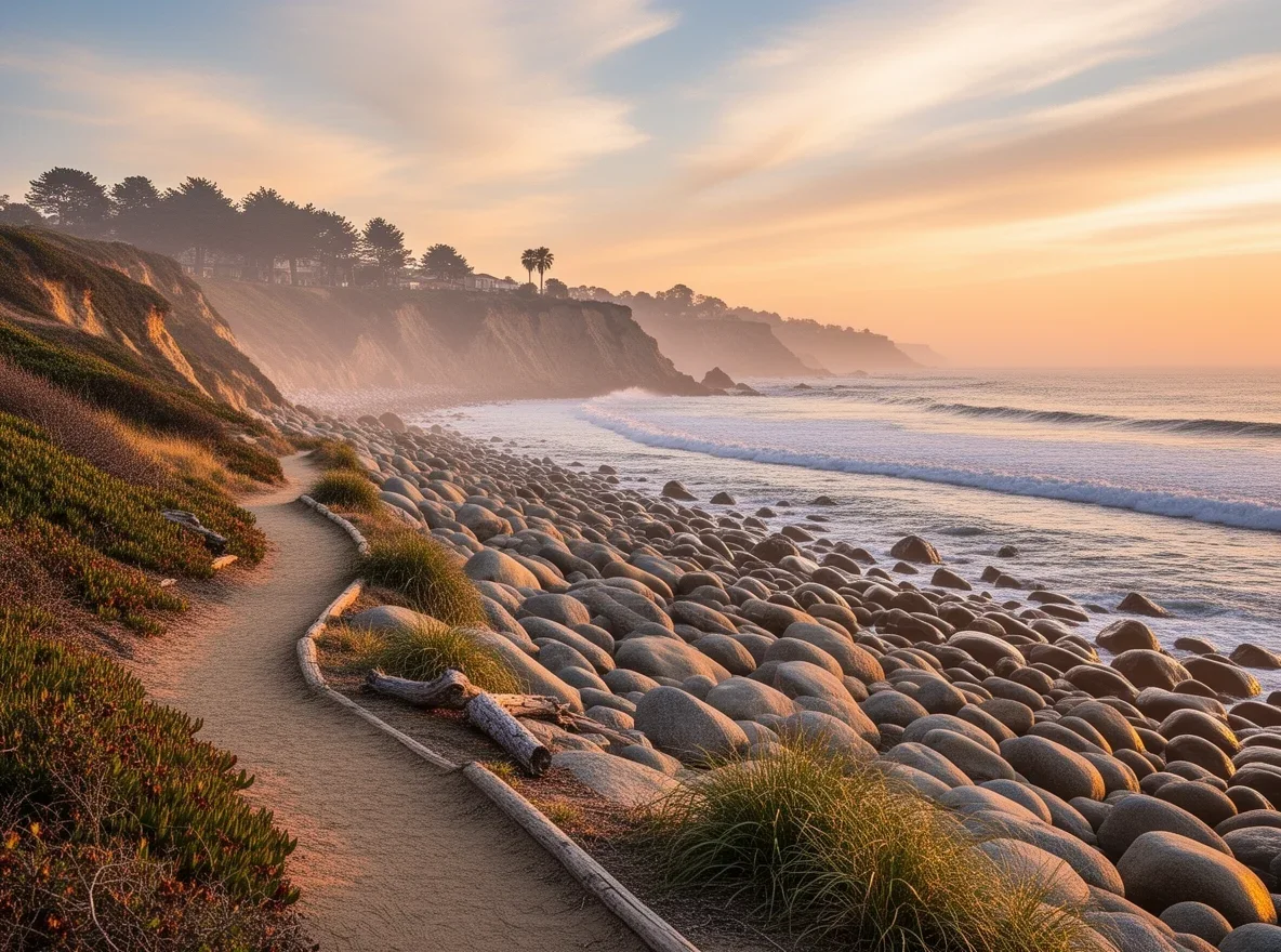 Sunset light over the Monterey Bay shoreline near Capitola