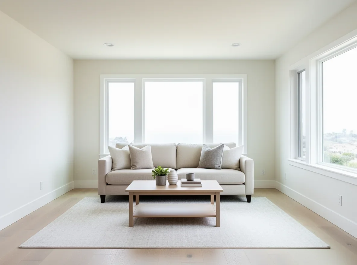 Fresh, bright living room interior staged simply for buyers
